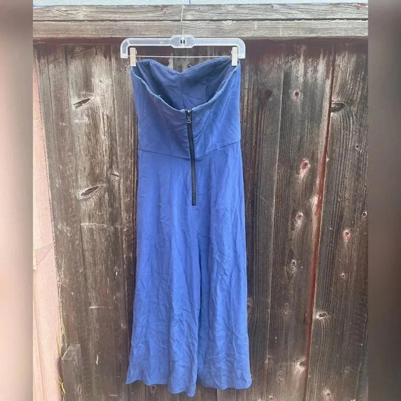 Milly Women’s Strapless Sandwashed Silk Jumpsuit Wide Cropped Leg Navy - Picture 5 of 7